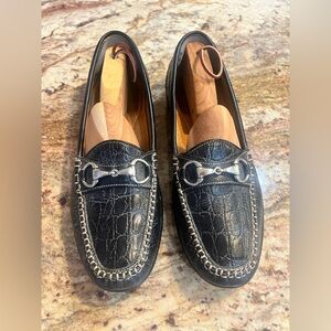 Martin Dingman Black Leather Loafers with Silver Buckle